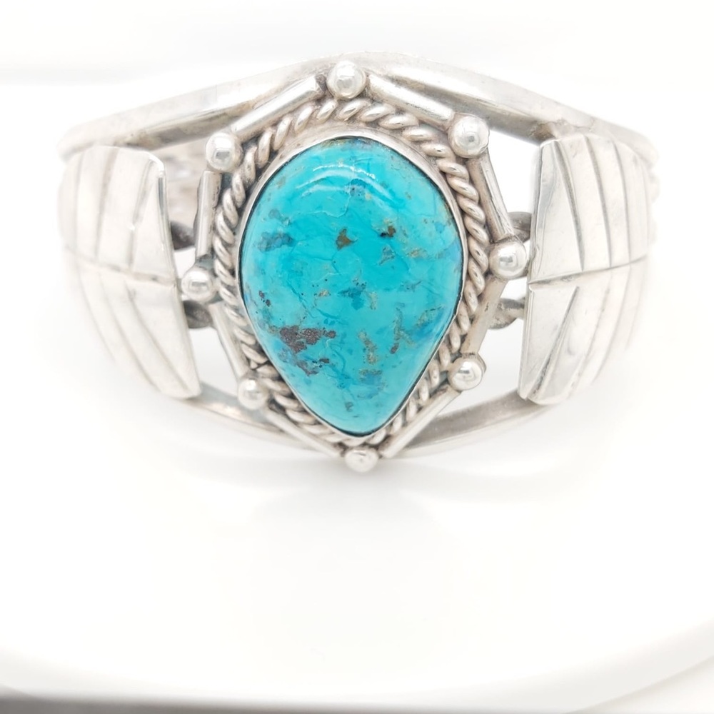 Vintage Sterling Silver Wide  Bangle Bracelet With Turquoise Stone - Picture 9 of 9